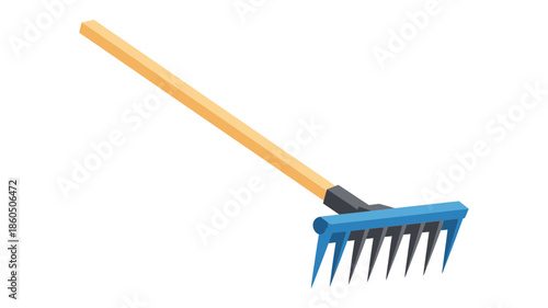 A simple illustration of a blue and yellow garden rake on a white background