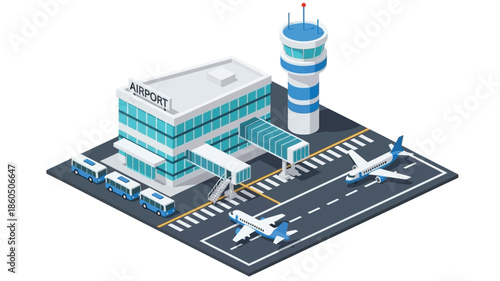 Isometric illustration of a modern airport building with control tower and airplanes