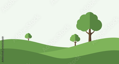 A simple and serene flat design landscape illustration featuring rolling green hills and trees under a pale sky for a nature background.