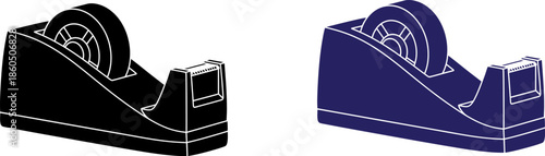 Two tape dispensers in black and blue on a white background
