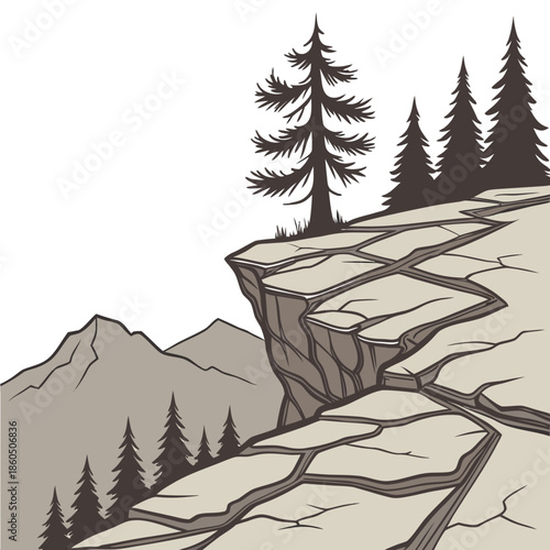 Mountain cliff with trees on and mountains in background