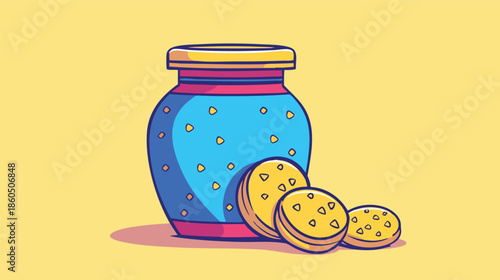 A vibrant cartoon illustration showcases a jar of cookies alongside three delicious, golden-yellow cookies, set against a cheerful yellow background, perfect for food-related designs.