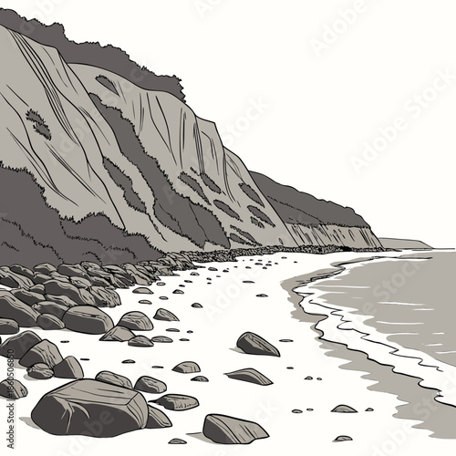 Rocky coastal slope meeting smooth sand beach rocky coastline
