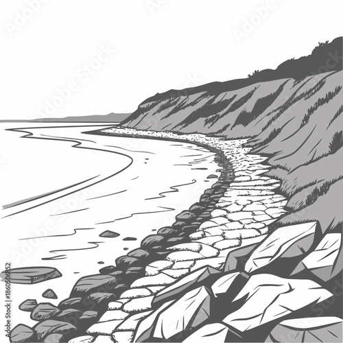 Rocky coastline meeting smooth sandy beach shore cliff