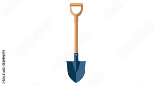 A simple illustration of a blue gardening shovel with a wooden handle