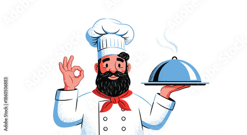 A charming cartoon chef with a beard and mustache wearing a uniform holds a serving cloche and makes an okay gesture.