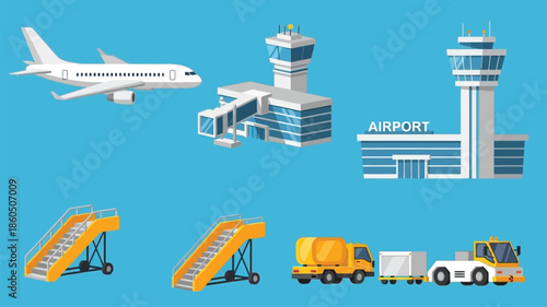 Isometric airport illustration featuring a plane control tower and ground support equipment