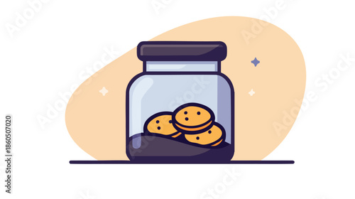 An illustrated cartoon depicts cookies inside a glass jar with a dark lid against a soft orange and white background, suggesting freshness and homemade treats.