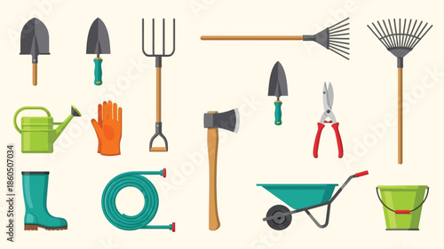 A colorful assortment of gardening tools for outdoor work and plant care
