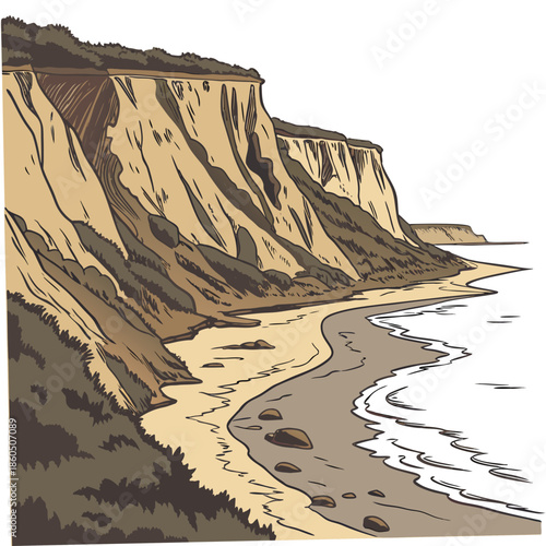 Coastal cliff with smooth erosion lines and beach waves