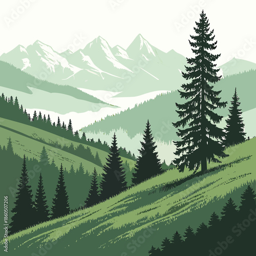 Green hillside with pine trees and mountain range mountains