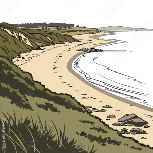 Serene coastal shoreline with sandy beach and gentle curve