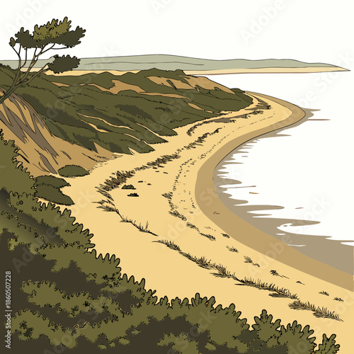 Serene coastal shoreline with sandy beach and green hills