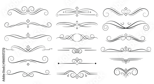 A large collection of vintage calligraphic dividers and ornamental text separators with a grunge texture for elegant decorative designs.