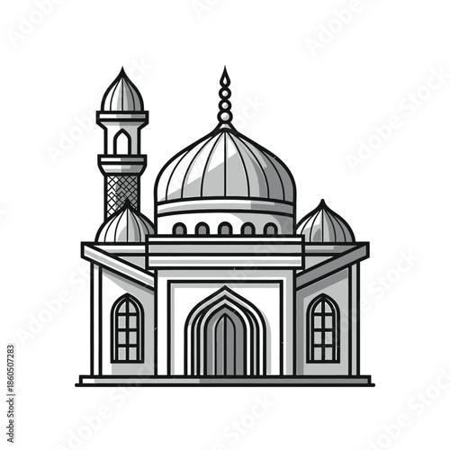Illustrated mosque with domes and minaret