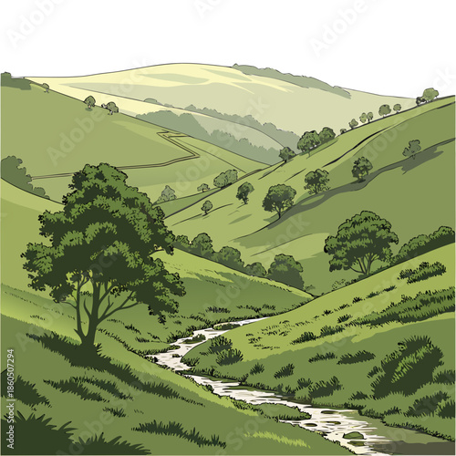 Green valley land with faint stream trace hills