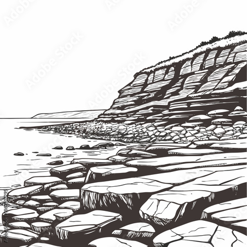 Rocky shoreline with flat stone layers and sloping cliff