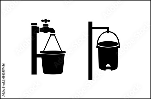 Black and white illustration of buckets filling with water from taps