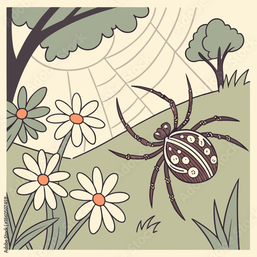 Brown spider on green hill with white flowers and trees