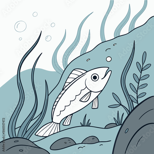 Cartoon fish swimming near seaweed and rocks underwater