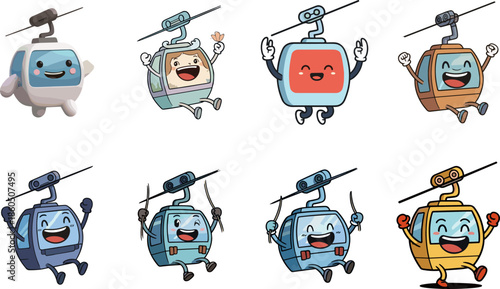 Cute cable car character collection with happy faces, colorful mountain gondola mascot set, fun transport vector illustrations for ski resort travel branding design,