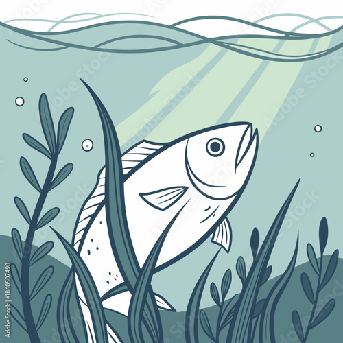 White fish swimming in seaweed underwater with sunlight