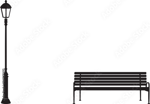 Black Silhouette of a Classic Street Lamp and a Park Bench Against White lamp post seating