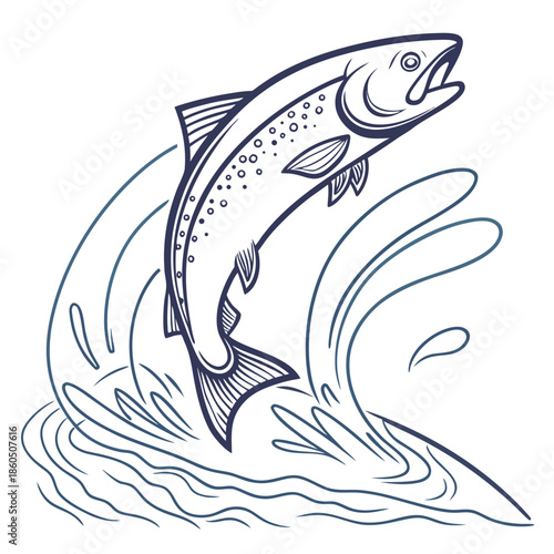 Salmon jumping out of water with wave fish