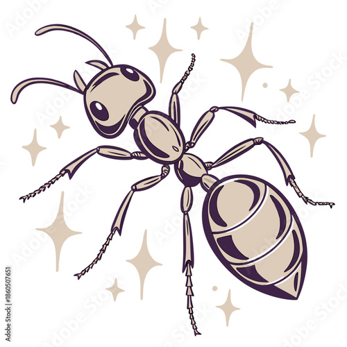 Beige ant with purple outline and sparkles insect cartoon