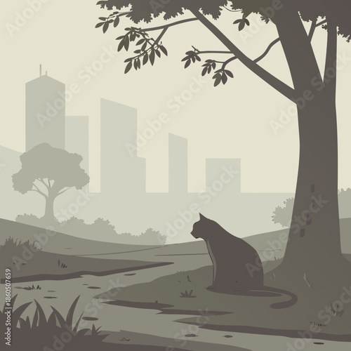 Gray cat sitting under tree in city park