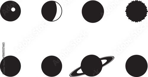 Black silhouette icons of celestial bodies including planets, the sun, Saturn with rings, and a crescent moon on a white background Keywords: planet, sun, Saturn, moon, crescent moon, solar system