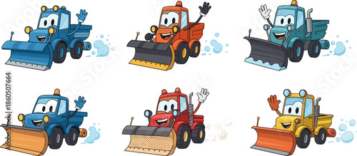 Cute cartoon snow plow truck character set, colorful winter maintenance vehicles waving hello, road clearing machinery for kids design vector illustration, isolated,