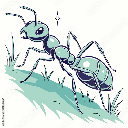 Cartoon teal ant on grass insect