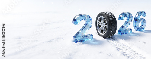 Banner with Blue numbers 2026 and a car tire with a track in the snow, a festive winter atmosphere with space for text.. Christmas concept for tire shops, car dealerships, and auto repair services