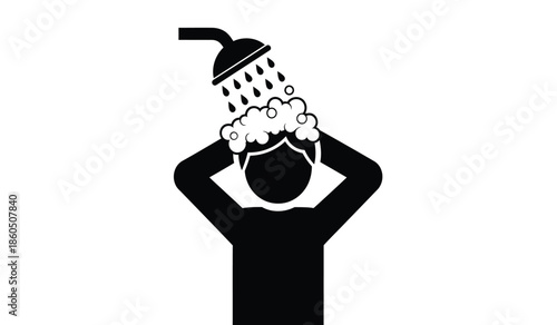 Simple black and white illustration of a person washing their hair in the shower