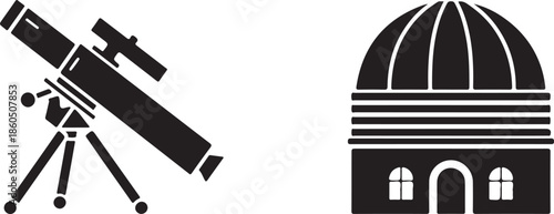 Black Silhouette of a Telescope on a Tripod and a Dome Observatory Building Keywords: telescope, observatory, astronomy, science, space, research, exploration, stargazing, celestial, instrument