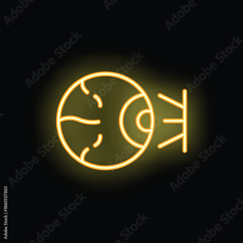 Yellow neon icon of an eye showing light beams entering the retina, on a black background