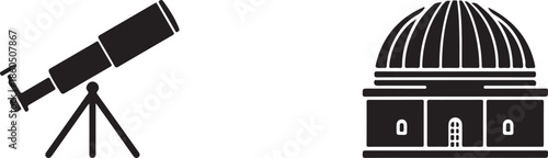 Black silhouette of a telescope and an observatory dome on a white background Keywords: telescope, observatory, dome, science, astronomy, space, research, exploration, discovery, stargazing