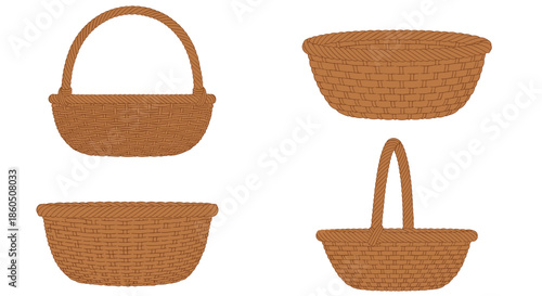 A set of four empty brown wicker baskets in various shapes and sizes with a textured design isolated on a white background.