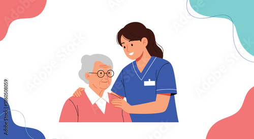 A friendly female nurse provides compassionate care to a senior woman in a simple healthcare illustration with abstract background shapes.