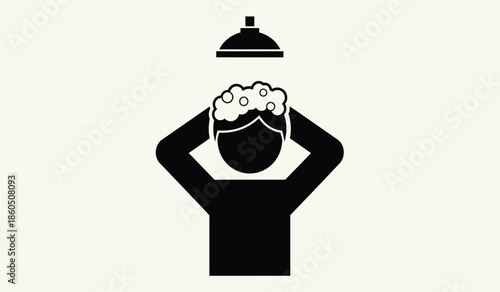 Simple black silhouette of a person washing their hair in the shower