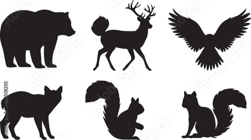 Collection of Black Silhouettes of Forest Animals and Birds on White Background bear silhouette deer silhouette