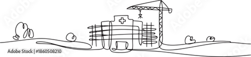 Continuous one line drawing hospital building construction at countryside. Medical health care infrastructure hand drawn minimalist concept. one line Icon drawing