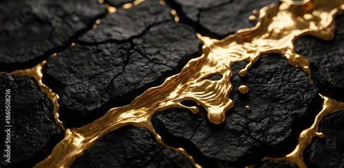 Extreme Macro of Molten Liquid Gold Veins in Cracked Black Volcanic Stone Texture