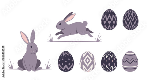 A set of Easter illustrations including a sitting rabbit a running rabbit and several intricately patterned Easter eggs in purple tones.