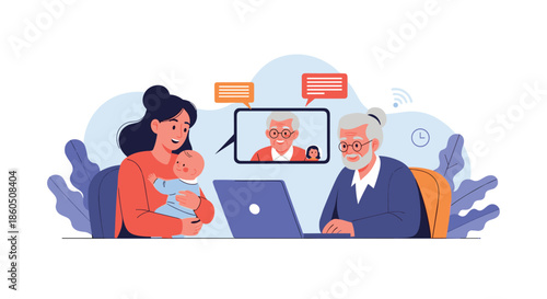 Family members connecting through a video conference call on a laptop showing a mother baby and grandparents staying in touch.