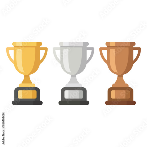 flat vector icon set of gold, silver, and bronze trophy cups, illustration of winner's awards for first, second, and third place