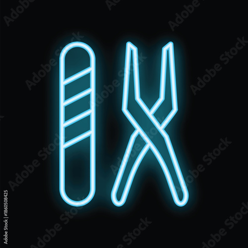 Glowing neon sign representing a nail file and cuticle nippers, perfect for beauty salons and manicure businesses