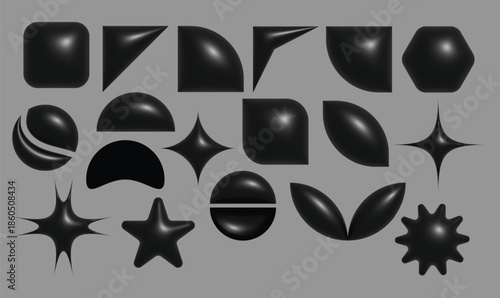 Black Glossy 3D Shapes Collection on Gray Background, Modern Minimal Geometric Forms, Smooth Plastic and Liquid Blobs, Futuristic Design Elements Set