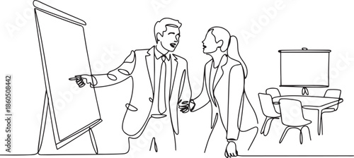 Single continuous line drawing of young happy businessman and businesswoman discussing in the office meeting room. Business meeting and presentation concept. one line Icon drawing
